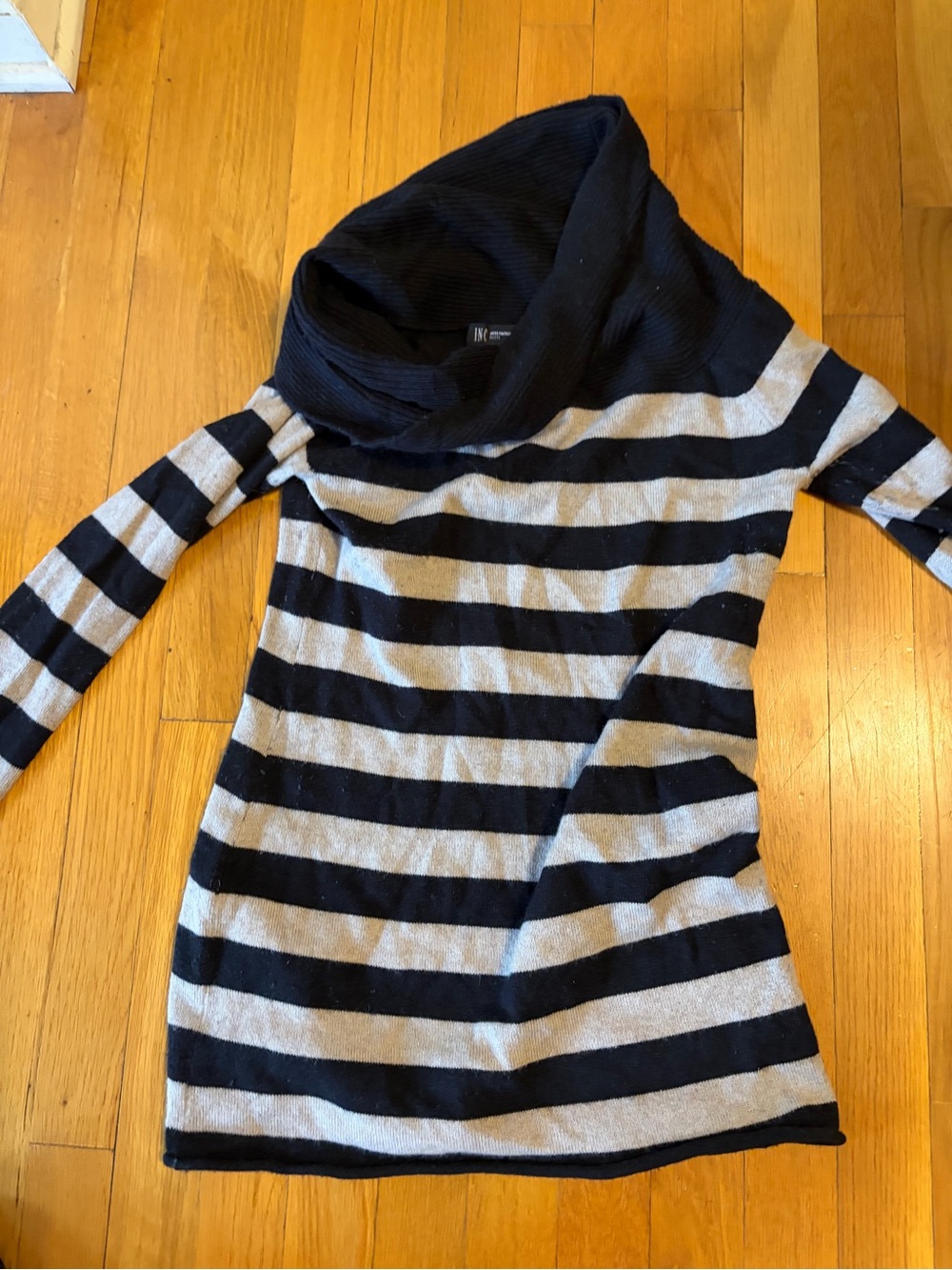 INC International Concepts Black and Cream Striped Cowl-Neck Sweater